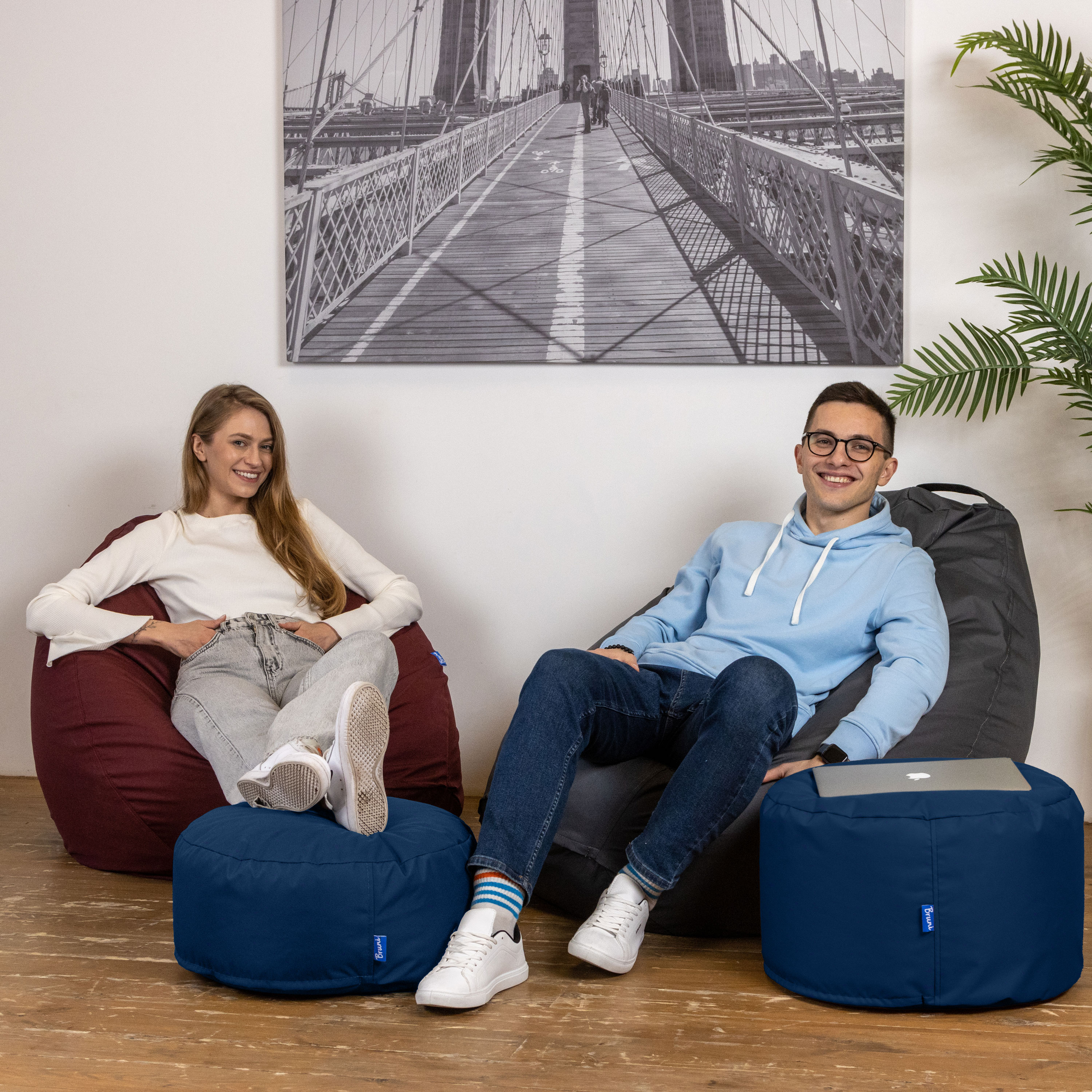 Bruni Pouf Fuß- und Sitzhocker M in Blaugrau - Indoor- und Outdoor-Sitzpouf, in Deutschland gefertigt
