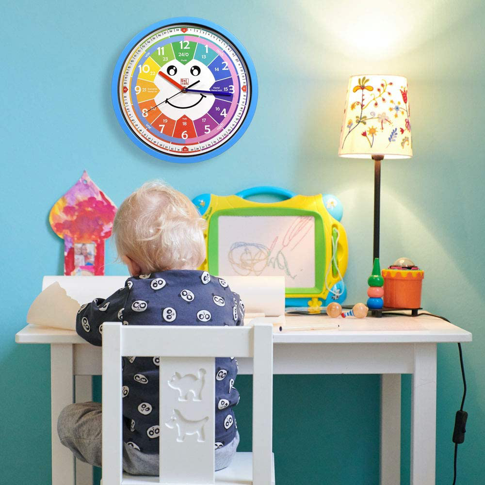 Kinderwanduhr Wanduhr ohne Tickgeräusche Kinder Uhr zum Lernen (Blau)