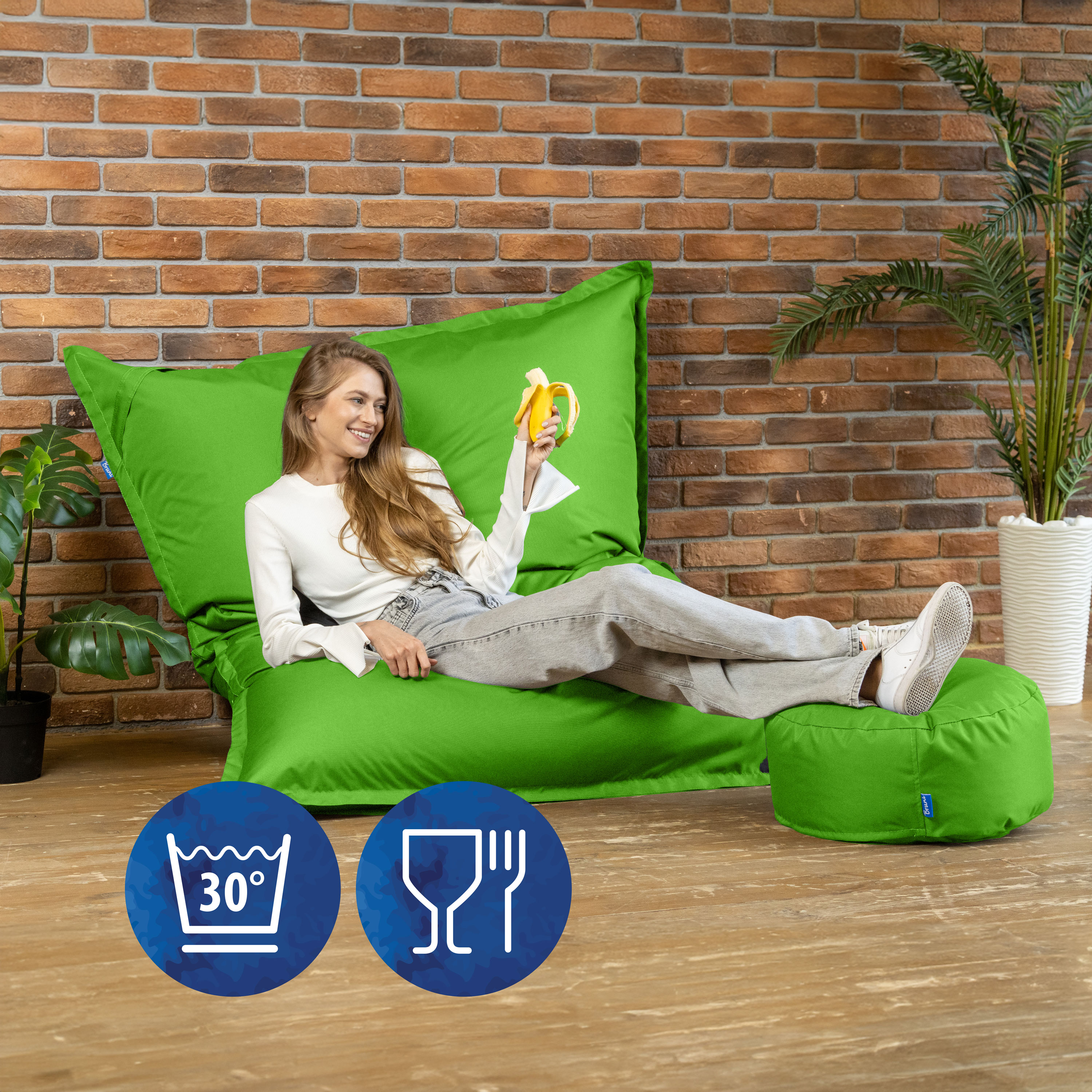 Bruni Caree XXL-Sitzsack in Grün - rechteckiger Indoor- und Outdoor-Sitzsack mit 140x180 cm aus Deutschland