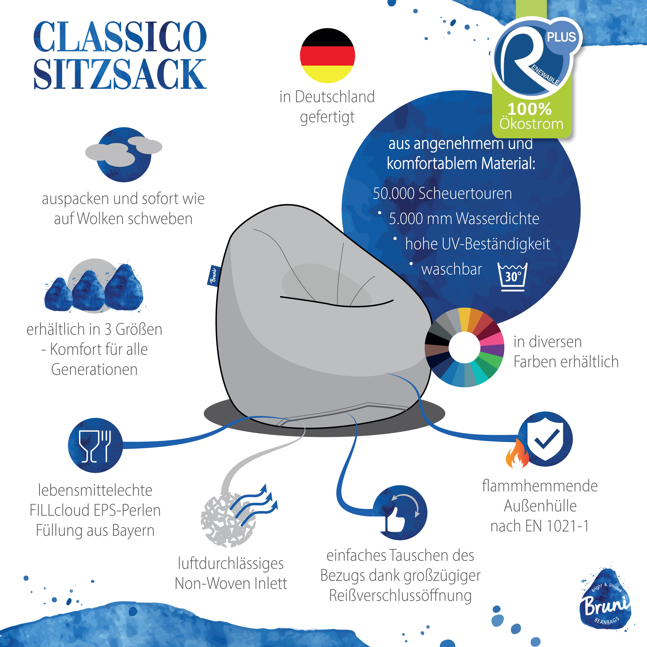 Bruni Classico Sitzsack S in Blau - Indoor- und Outdoor-Bean Bag, in Deutschland gefertigt