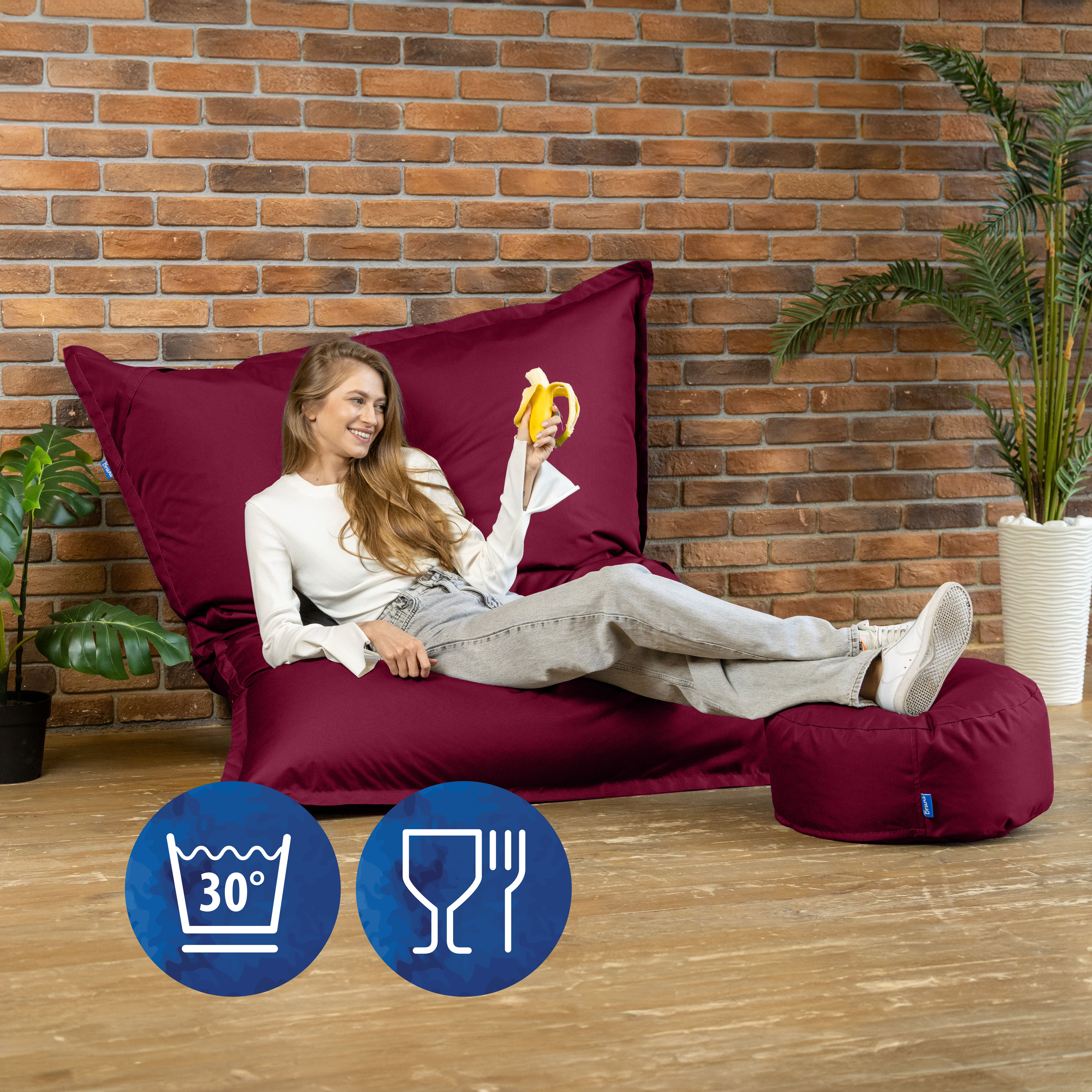 Bruni Caree XXL-Sitzsack in Bordeaux - rechteckiger Indoor- und Outdoor-Sitzsack mit 140x180 cm aus Deutschland