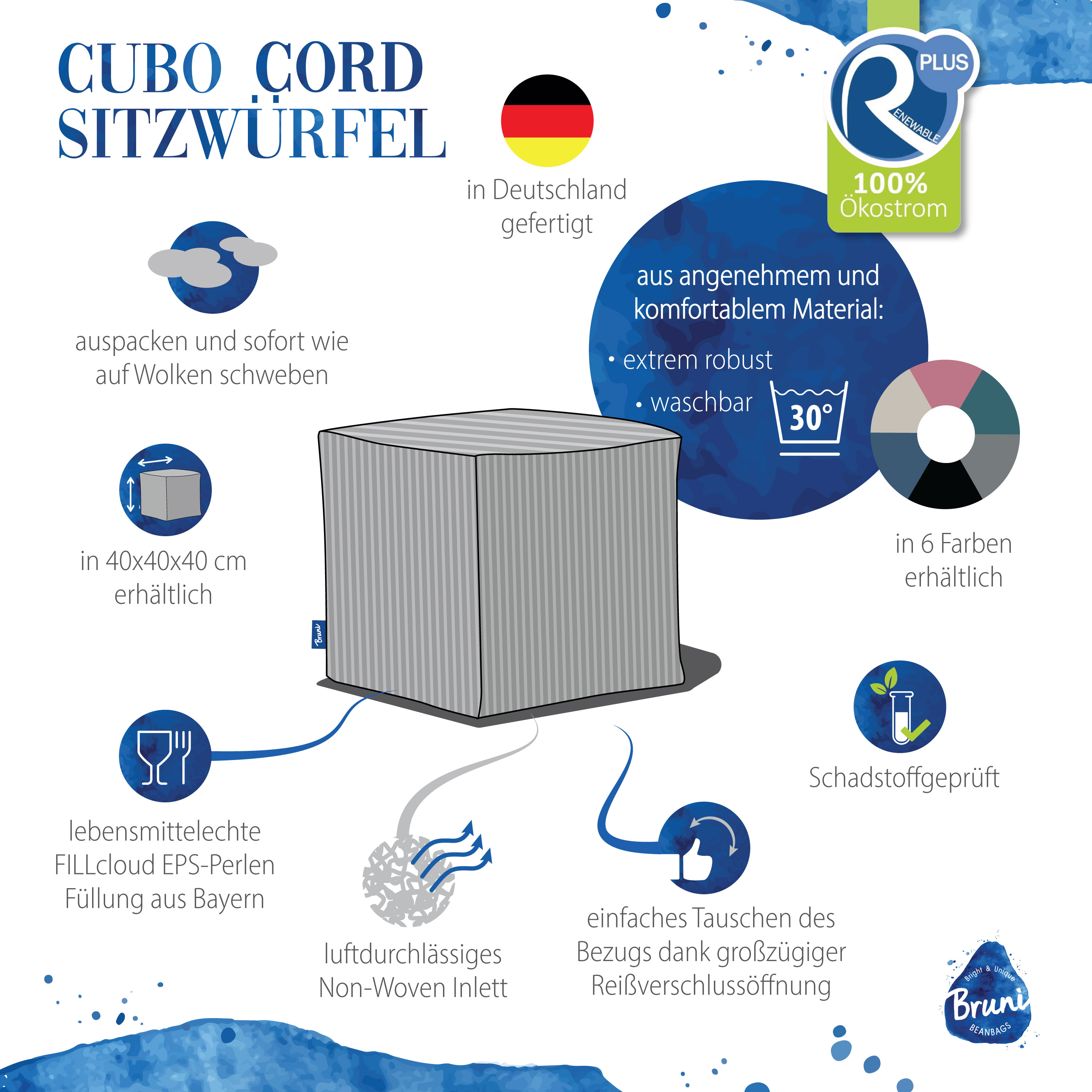 Bruni Cubo Cord in Beige - Indoor-Sitzwürfel